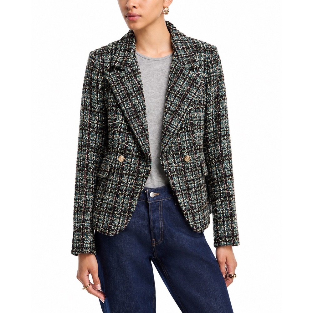 AQUA Metallic Tweed Plaid Blazer Multi-Color Gold Button Double Breasted Large